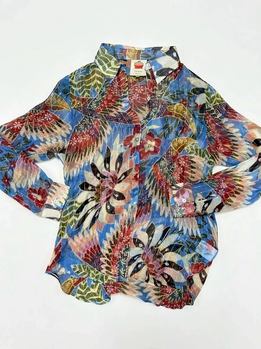 Farm Rio FARM R2001435 Sheer Floral Button Down Blouse in Blue w/ Shimmer Small